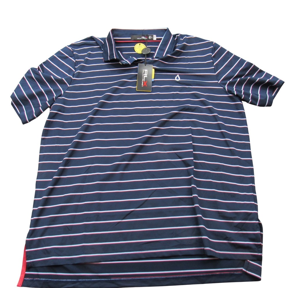 RLX Ralph Lauren Mens XL Striped Performance Golf Polo Shirt Navy Blue UV New